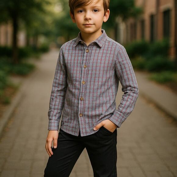 Hop Little Dudes Boys Shirt 5 6 Anchor Print Gingham Roll Tab Sleeves Blue Red - Picture 1 of 7